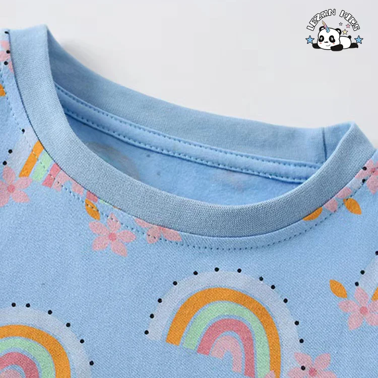 LEZONKIDS - Conjunto de Roupas de Boutique para Meninas com Preço Direto da Fábrica, 2 Peças, Azul, Impressão de Arco-íris Fofo, Personalizável OEM para Verão